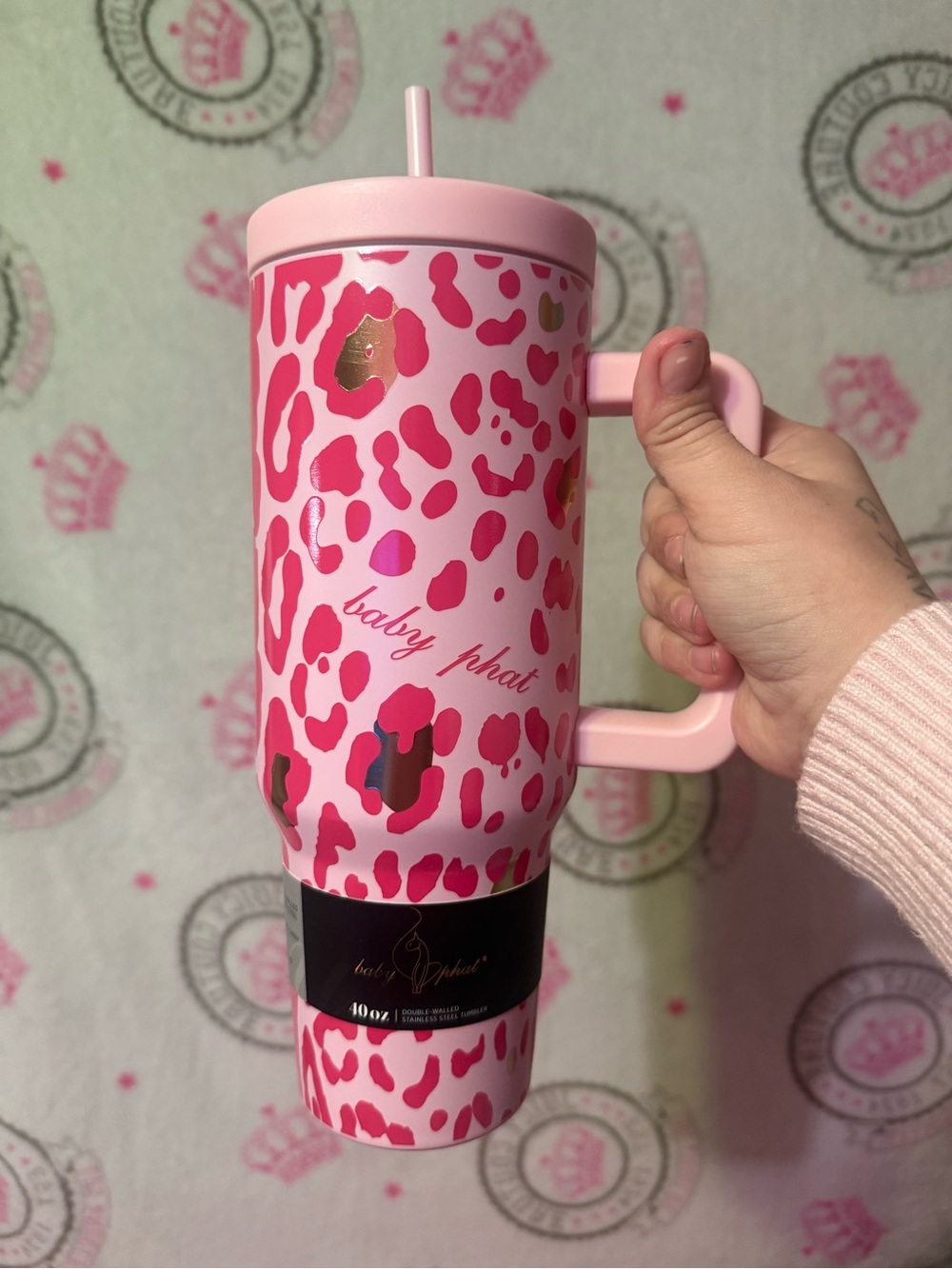 Baby Phat Pink Leopard Print Tumbler with Gold Accents
